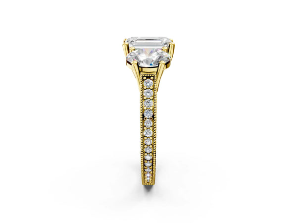 Yellow gold Three-Stone Emerald Diamond Milgrain Pave Band with Prong Setting