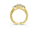Yellow gold Three-Stone Emerald Diamond Milgrain Pave Band with Prong Setting 3