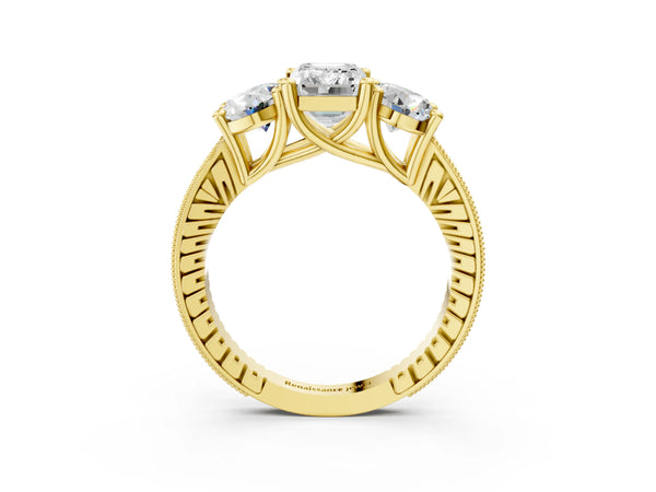 Yellow gold Three-Stone Emerald Diamond Milgrain Pave Band with Prong Setting