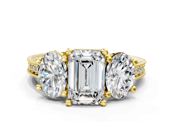Yellow gold Three-Stone Emerald Diamond Milgrain Pave Band with Prong Setting