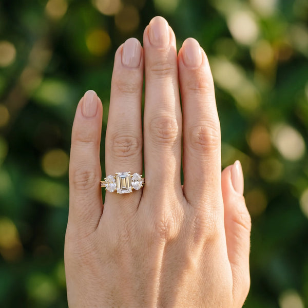Yellow gold Three-Stone Emerald Diamond Milgrain Pave Band with Prong Setting