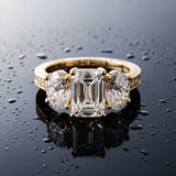Yellow gold Three-Stone Emerald Diamond Milgrain Pave Band with Prong Setting_15