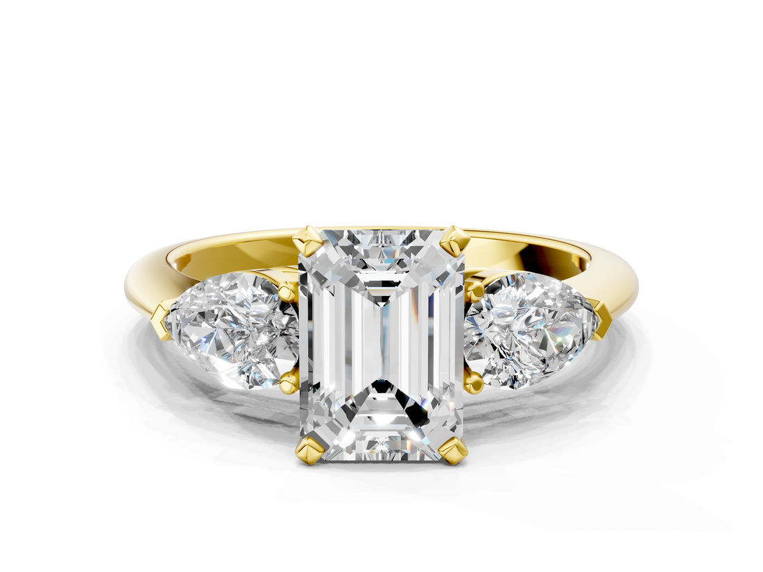 Yellow gold Three-Stone Emerald Diamond Ring with Pear Side Stones in Four-Prong Setting_72