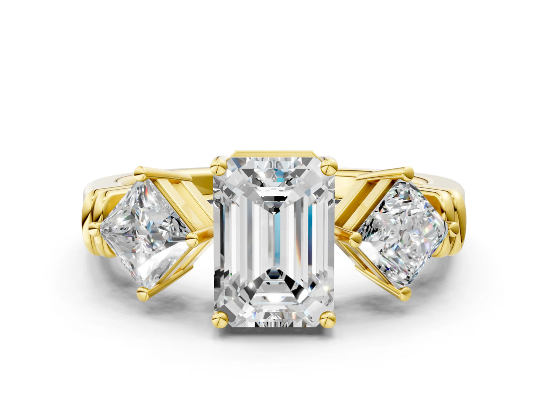 Yellow gold Three-Stone Emerald and Princess Cut Diamond Ring with Channel Band and Four-Prong Setting_16