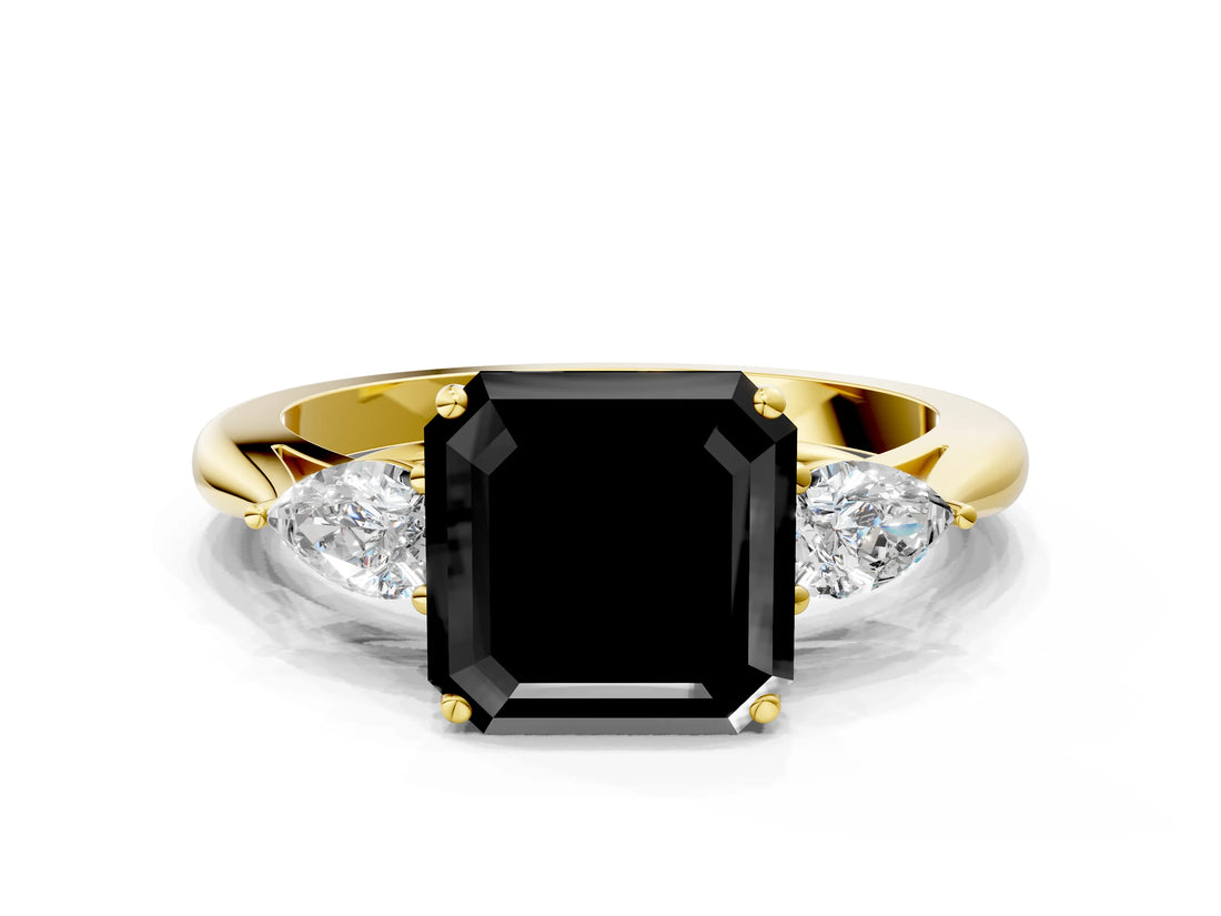 Yellow gold Three-Stone Fancy Black Asscher Cut Brilliant Diamond Solitaire Ring with Tapered Band and Four-Prong Setting_6