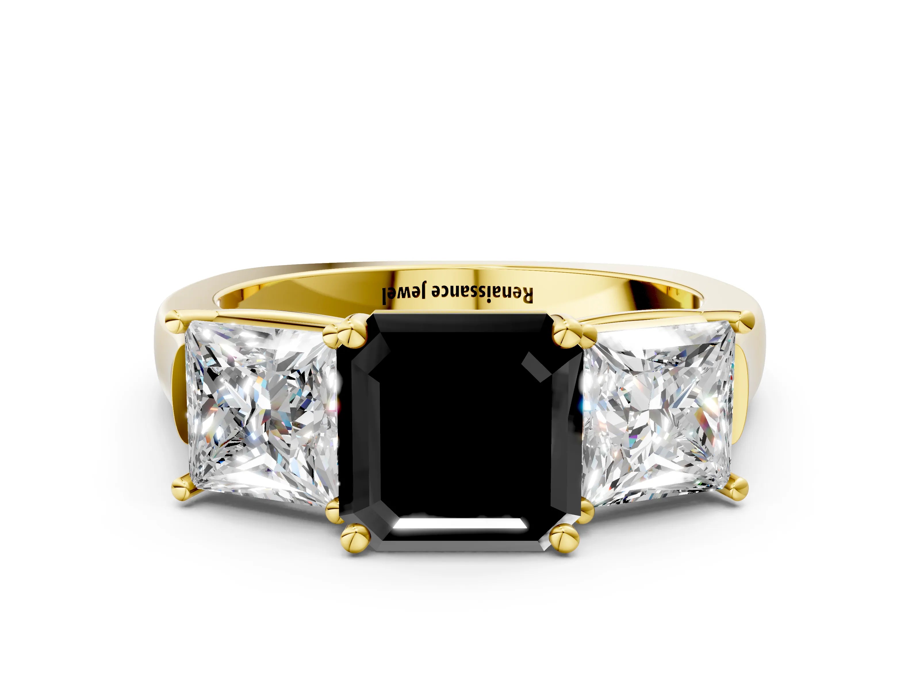 Yellow gold Three-Stone Fancy Black Asscher Cut Brilliant Diamond Trellis Ring with Comfort Fit Band
