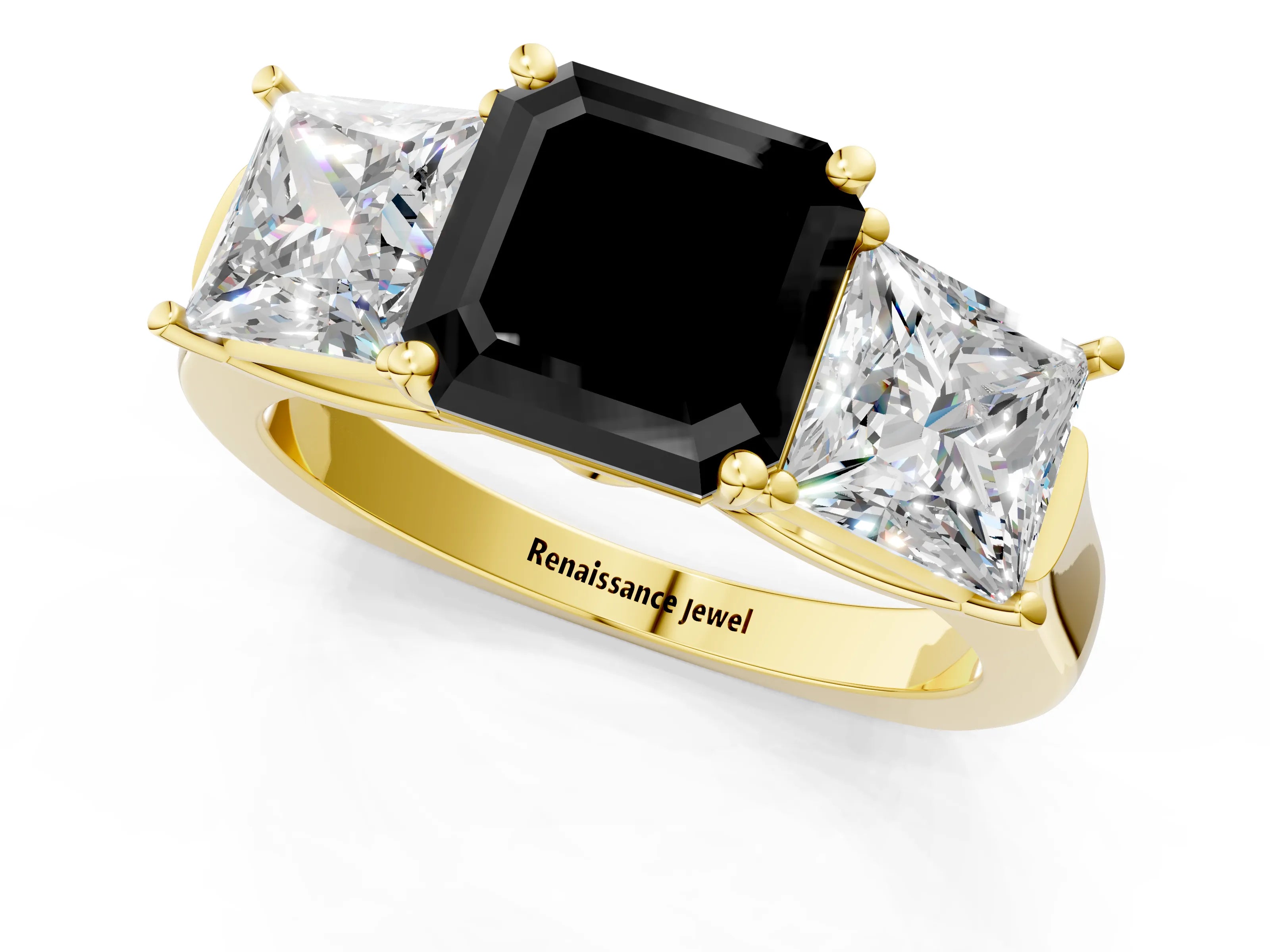 Yellow gold Three-Stone Fancy Black Asscher Cut Brilliant Diamond Trellis Ring with Comfort Fit Band_1