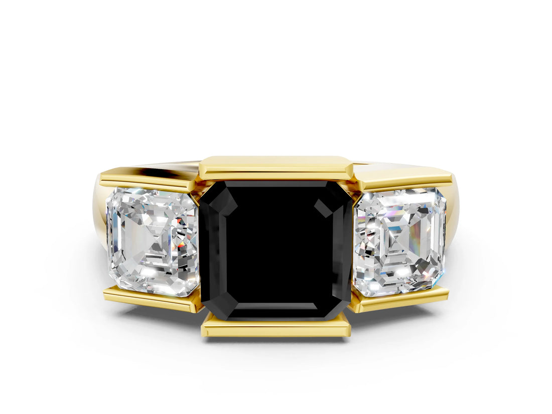 Yellow gold Three Stone Fancy Black Asscher Cut Cut Channel Set Diamond Ring