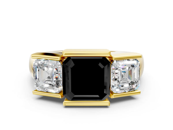 Yellow Gold Asscher Cut Channel Set Three Stone Engagement Ring Setting for Black Center