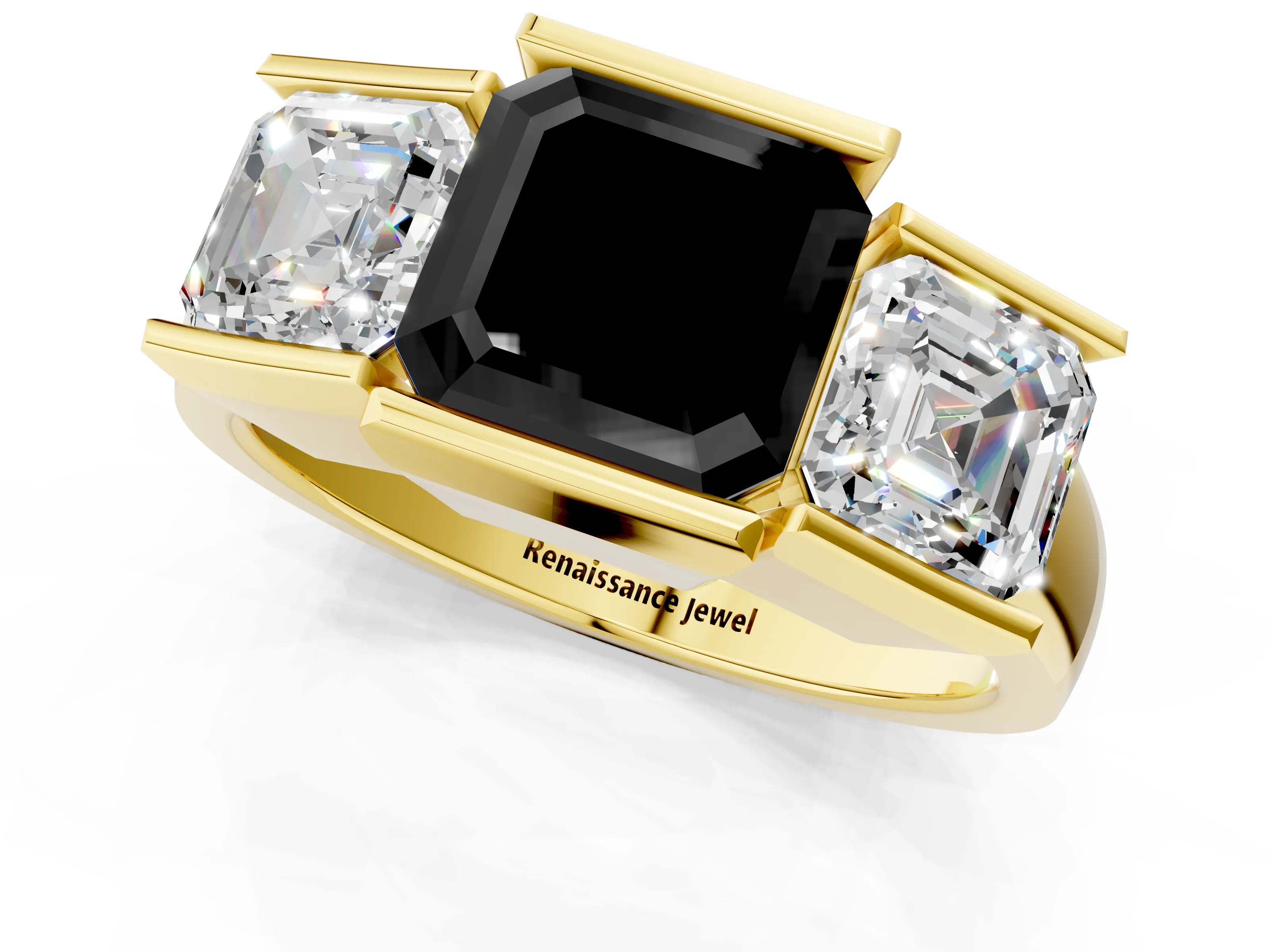 Yellow gold Three Stone Fancy Black Asscher Cut Cut Channel Set Diamond Ring_1