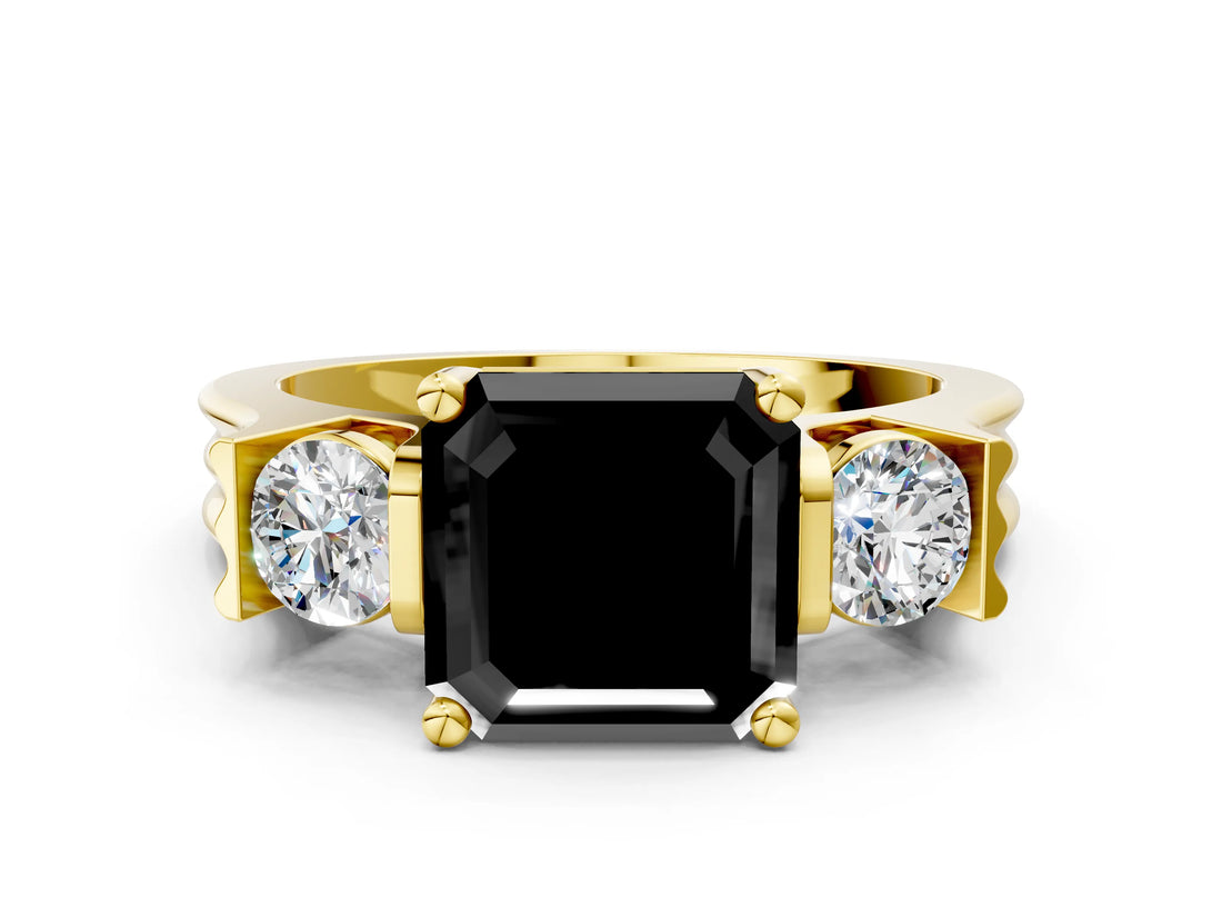 Yellow gold Three-Stone Fancy Black Asscher Cut Cut Classic Band Prong Setting Ring