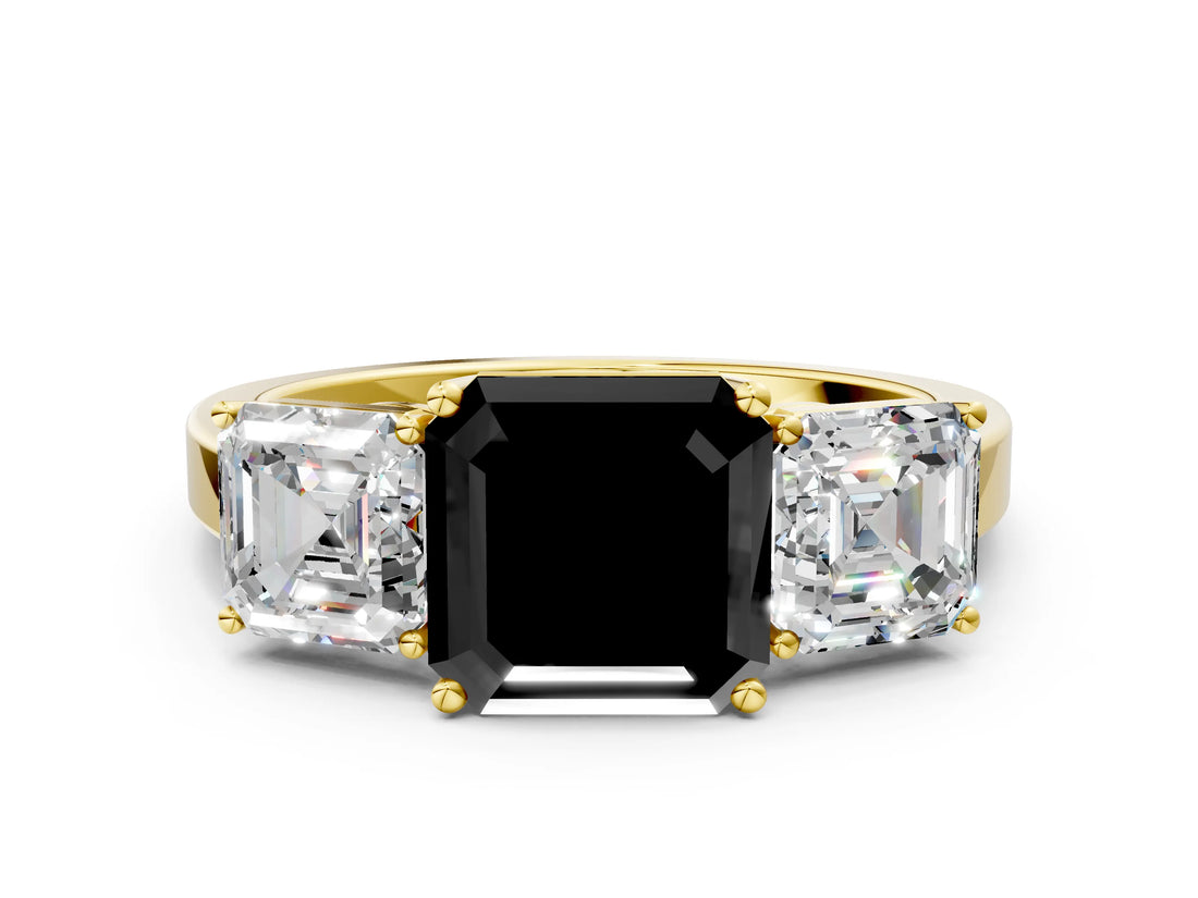 Yellow gold Three-Stone Fancy Black Asscher Cut Cut Diamond Engagement Ring with Flat Band and Four-Prong Setting