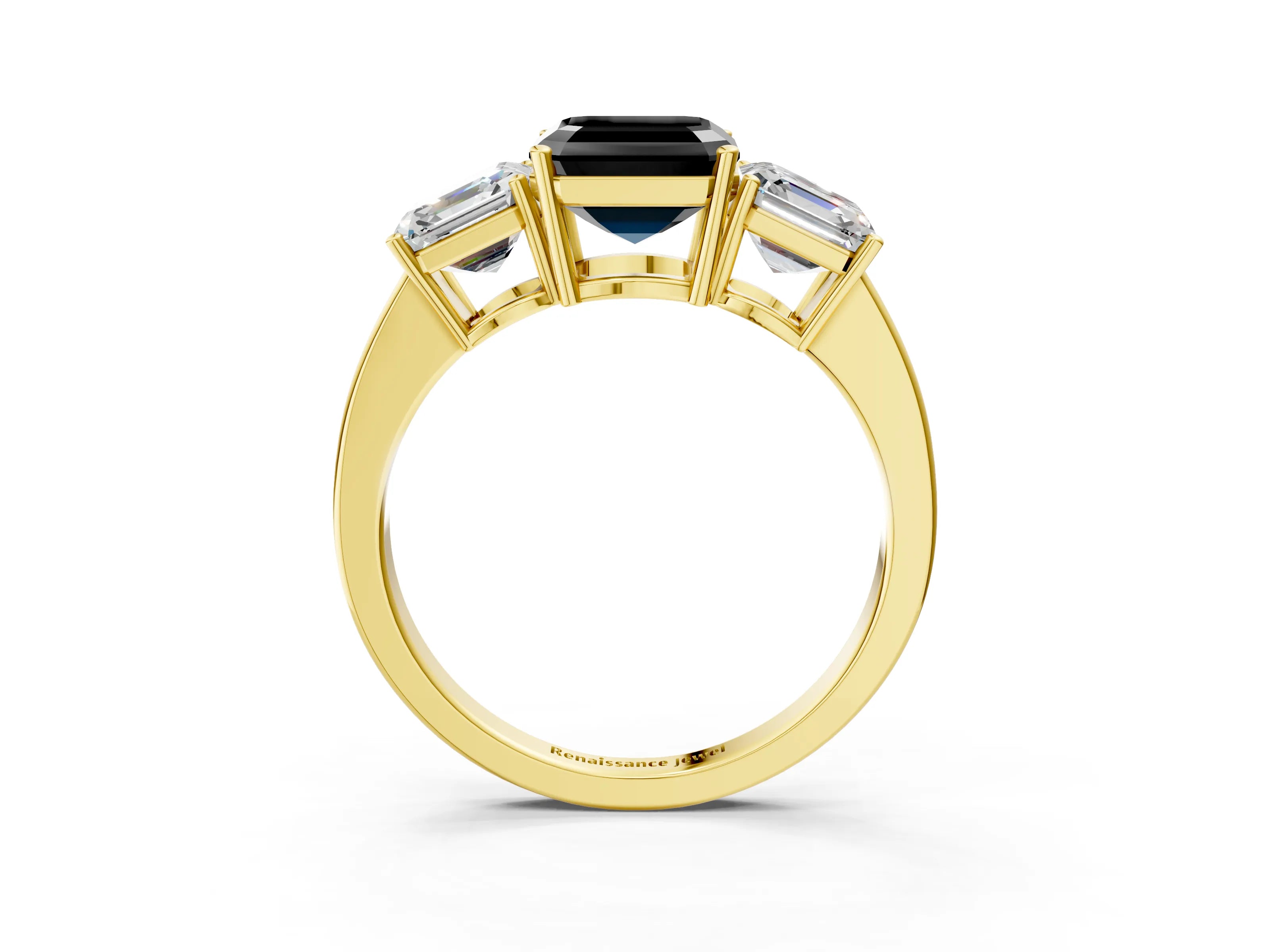 Yellow gold Three-Stone Fancy Black Asscher Cut Cut Diamond Engagement Ring with Flat Band and Four-Prong Setting_3