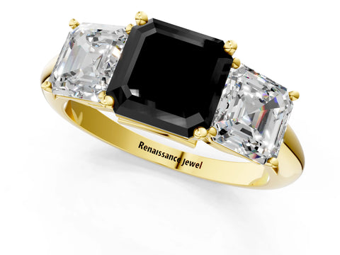 Yellow gold Three-Stone Fancy Black Asscher Cut Cut Diamond Engagement Ring with Prong Setting on a White Gold Band_1