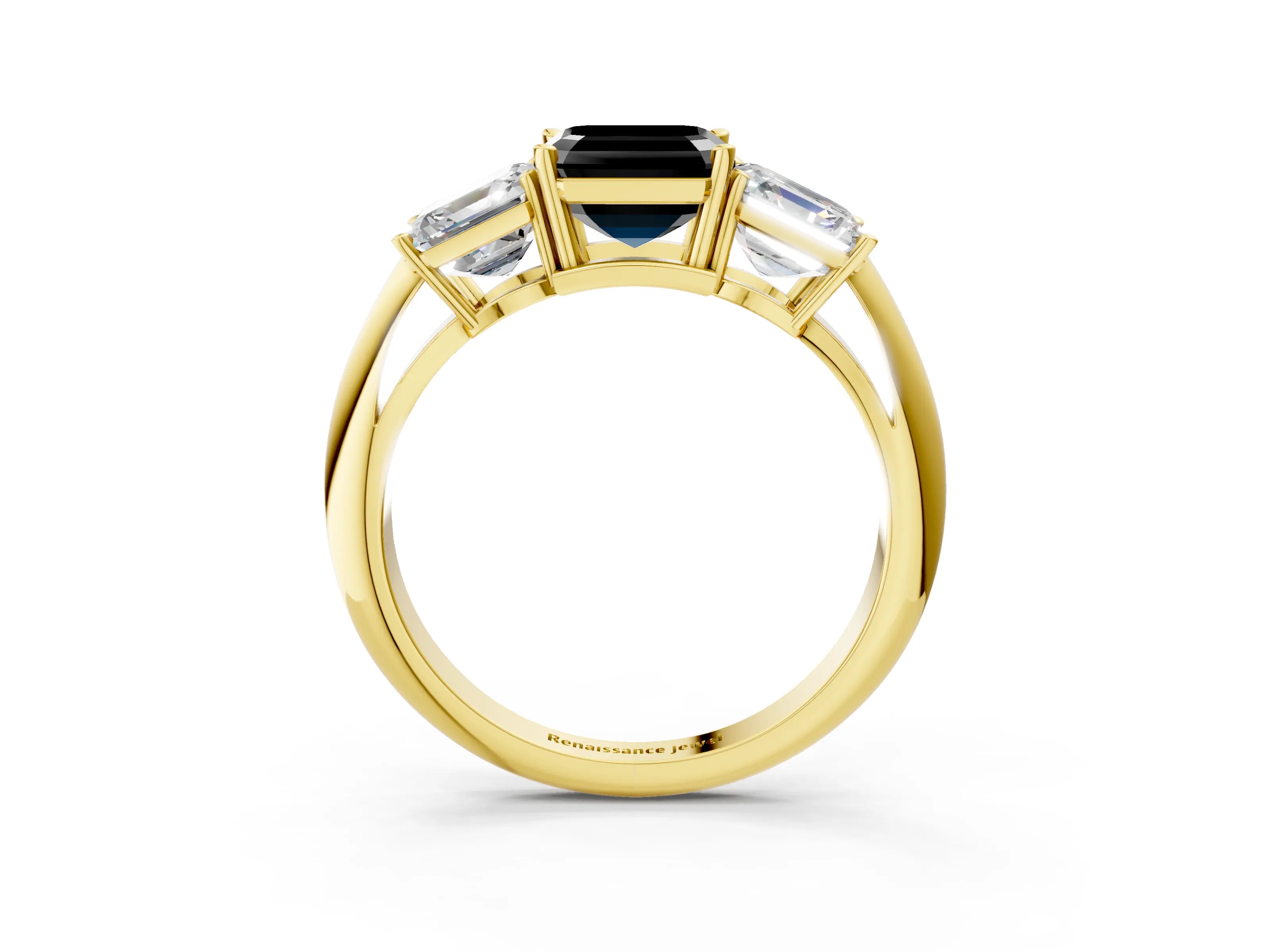 Yellow gold Three-Stone Fancy Black Asscher Cut Cut Diamond Engagement Ring with Prong Setting on a White Gold Band_3