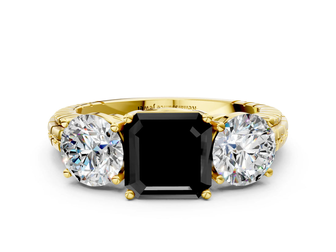 Yellow gold Three-Stone Fancy Black Asscher Cut Cut Diamond Ring with Channel-Set Band and Prong Setting_12