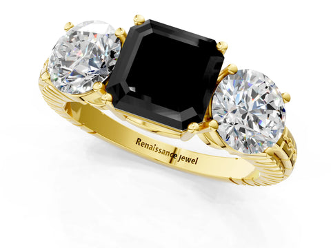 Yellow gold Three-Stone Fancy Black Asscher Cut Cut Diamond Ring with Channel-Set Band and Prong Setting_1