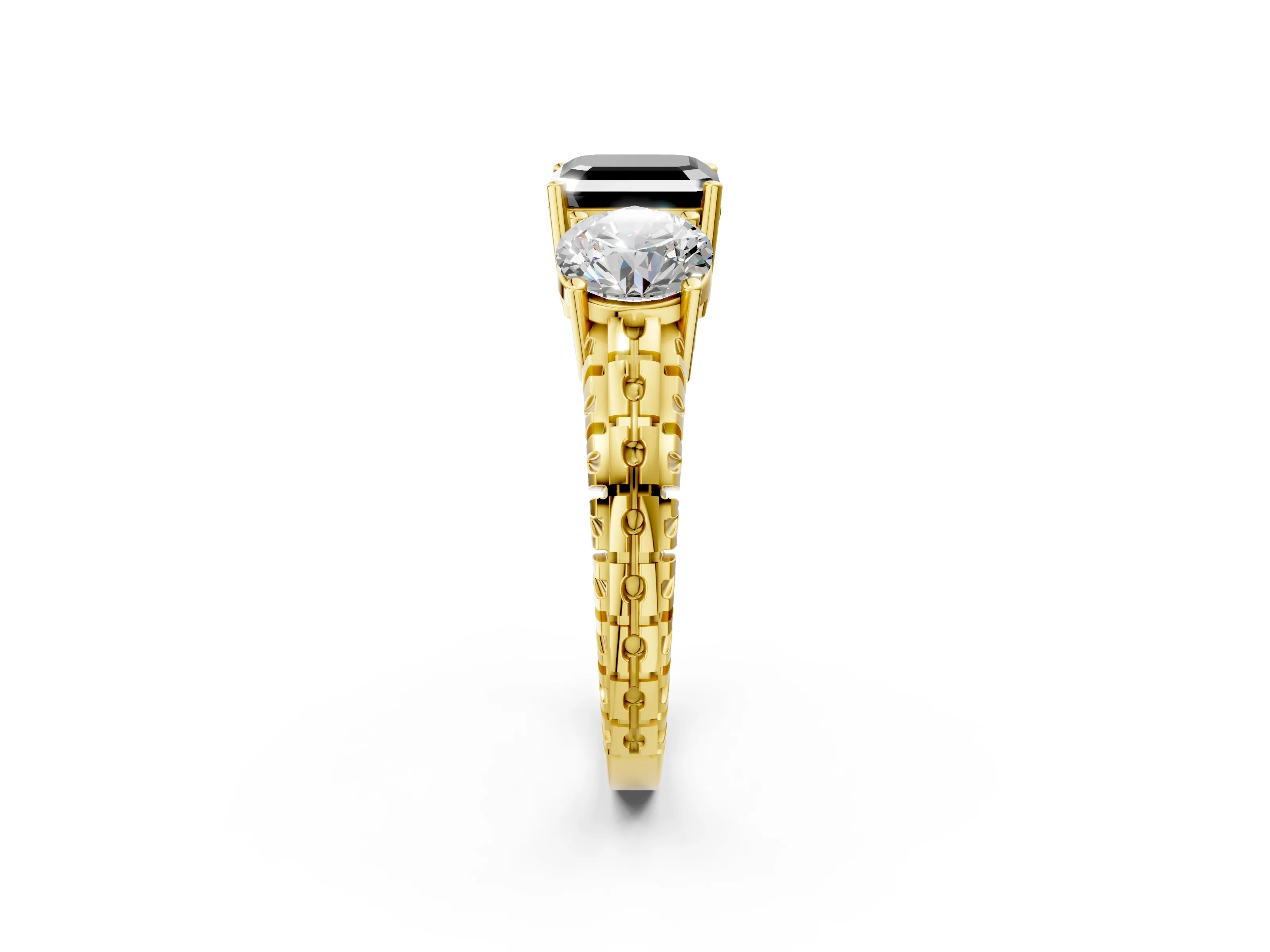 Yellow gold Three-Stone Fancy Black Asscher Cut Cut Diamond Ring with Channel-Set Band and Prong Setting_2