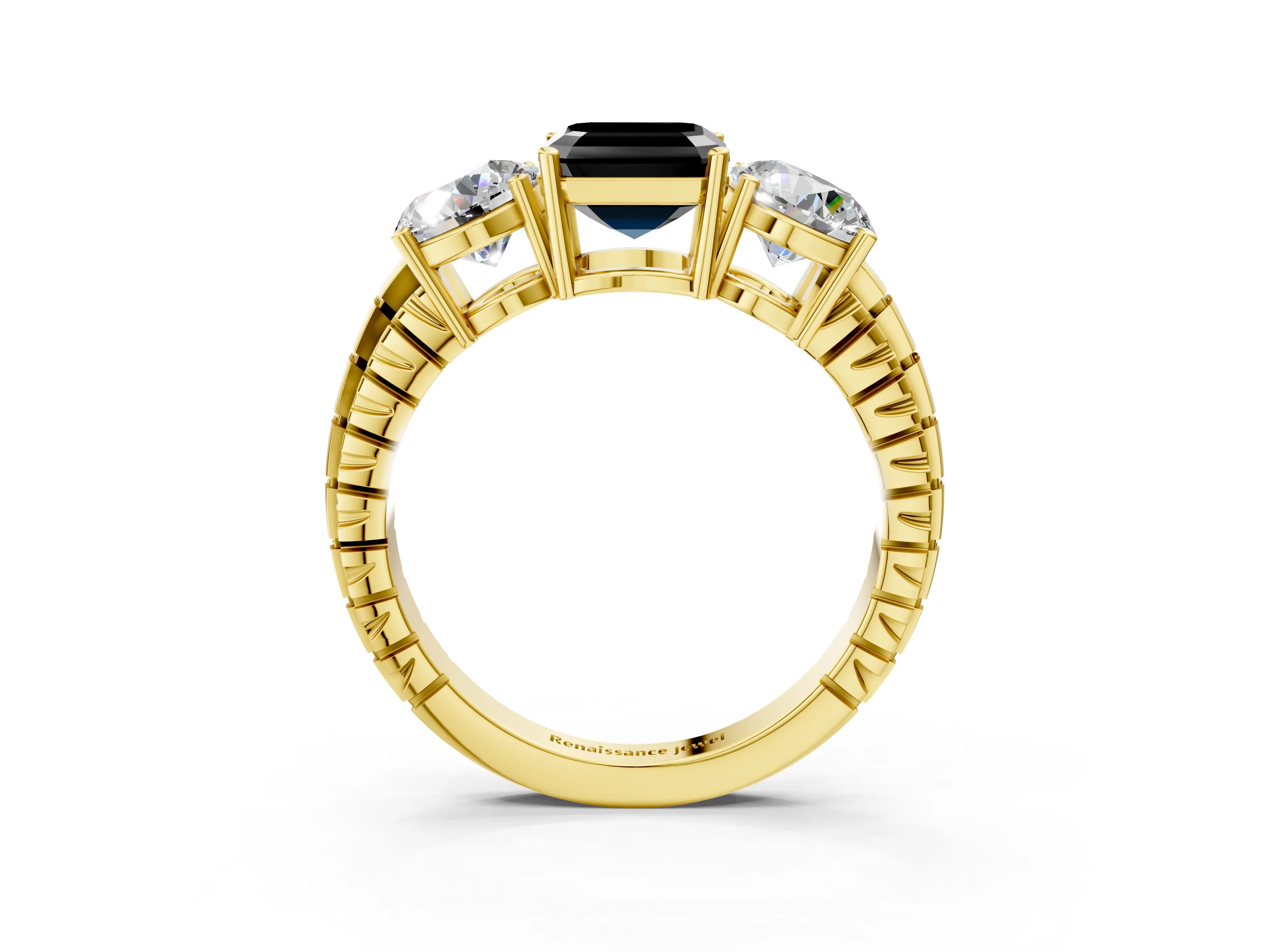 Yellow gold Three-Stone Fancy Black Asscher Cut Cut Diamond Ring with Channel-Set Band and Prong Setting_3