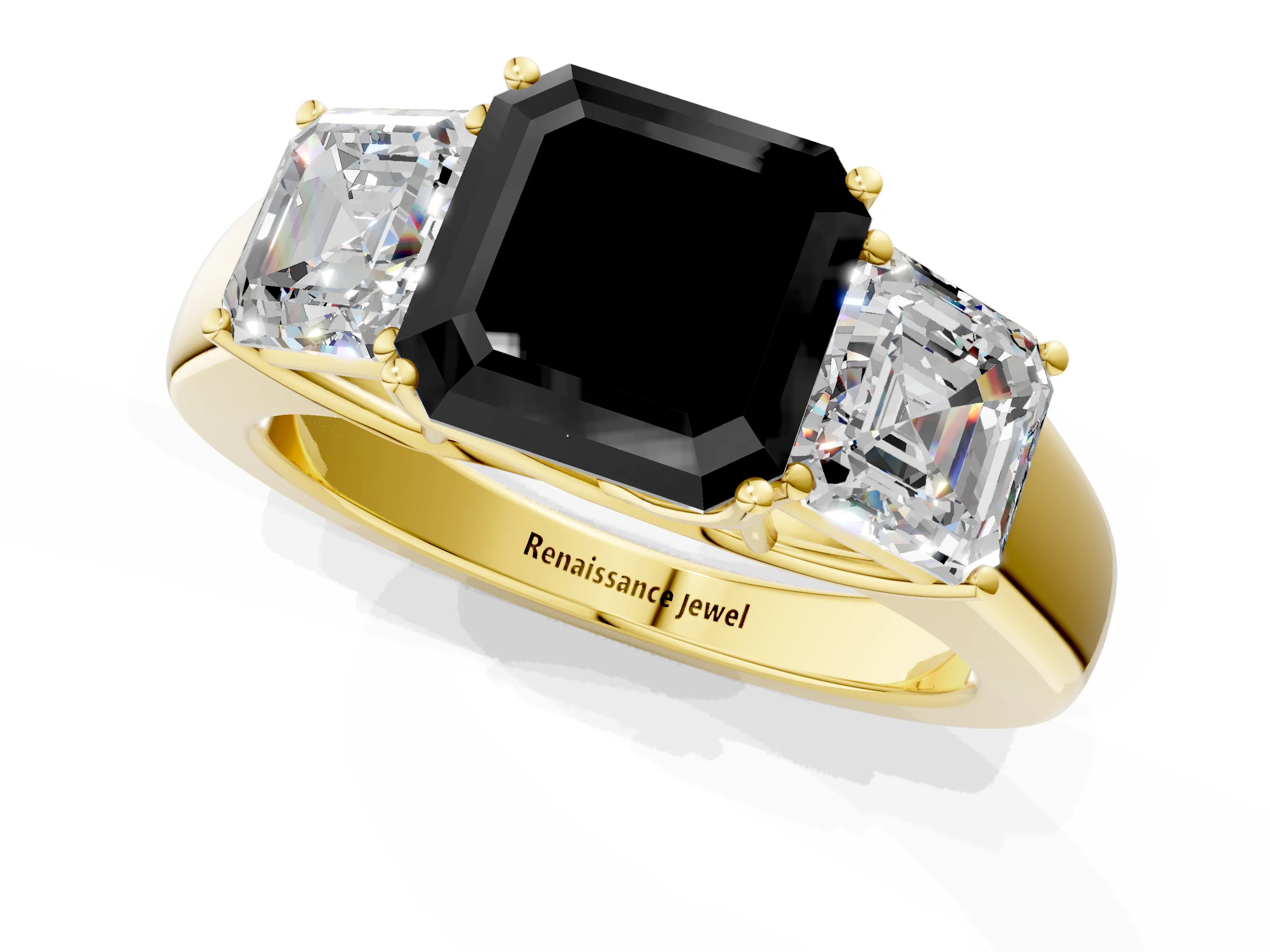 Yellow gold Three-Stone Fancy Black Asscher Cut Cut Diamond Ring with Prong Setting and Classic Band_1