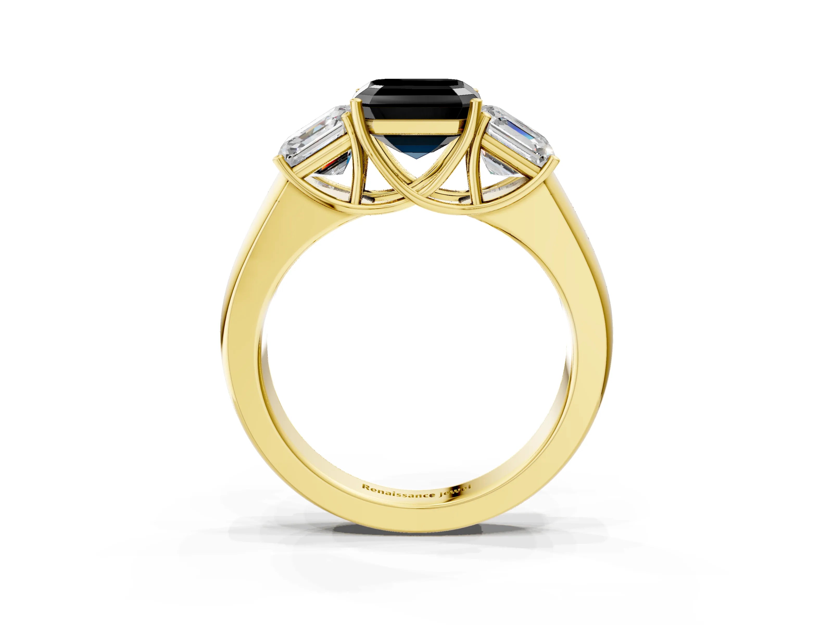 Yellow gold Three-Stone Fancy Black Asscher Cut Cut Diamond Ring with Prong Setting and Classic Band_3