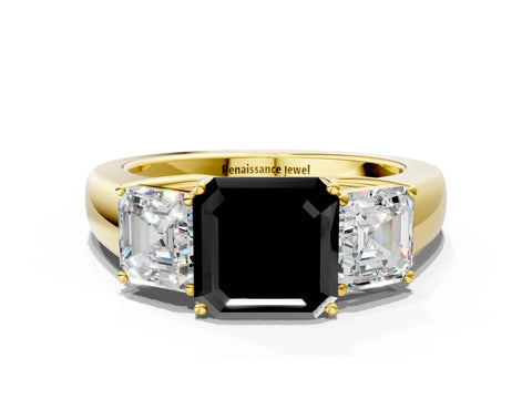 Yellow gold Three-Stone Fancy Black Asscher Cut Cut Diamond Ring with Prong Setting and Classic Band