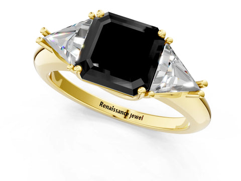 Yellow gold Three-Stone Fancy Black Asscher Cut Cut Diamond Ring with Trillion Side Stones and Four-Prong Setting_4