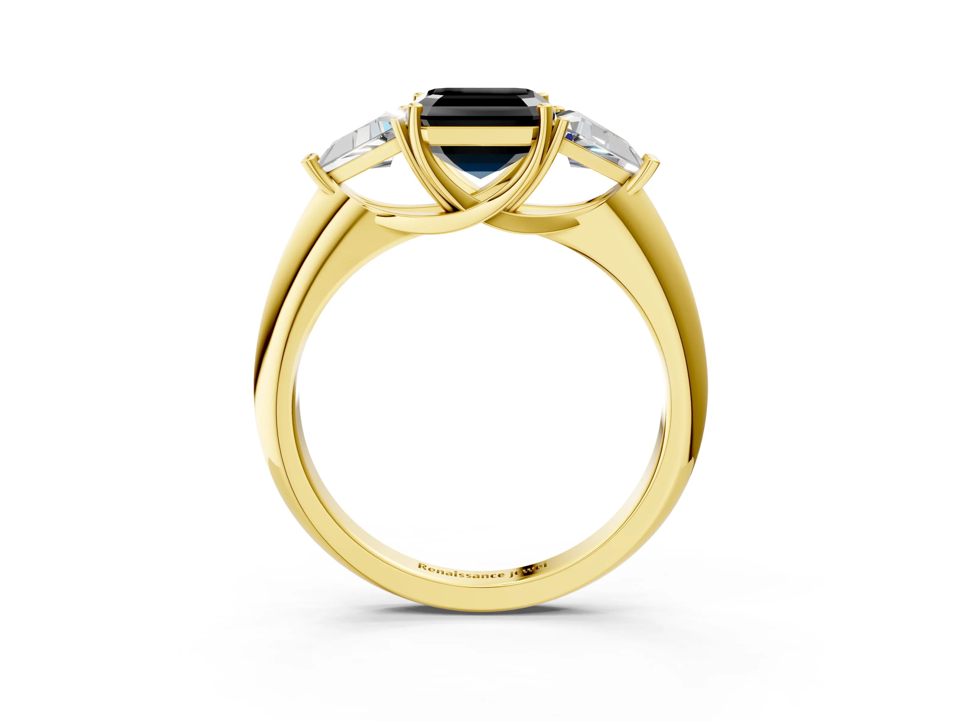 Yellow gold Three-Stone Fancy Black Asscher Cut Cut Diamond Ring with Trillion Side Stones and Four-Prong Setting_6