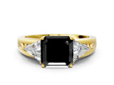 Yellow gold Three-Stone Fancy Black Asscher Cut Cut Diamond Ring with Trillion Side Stones on a Split Shank Band