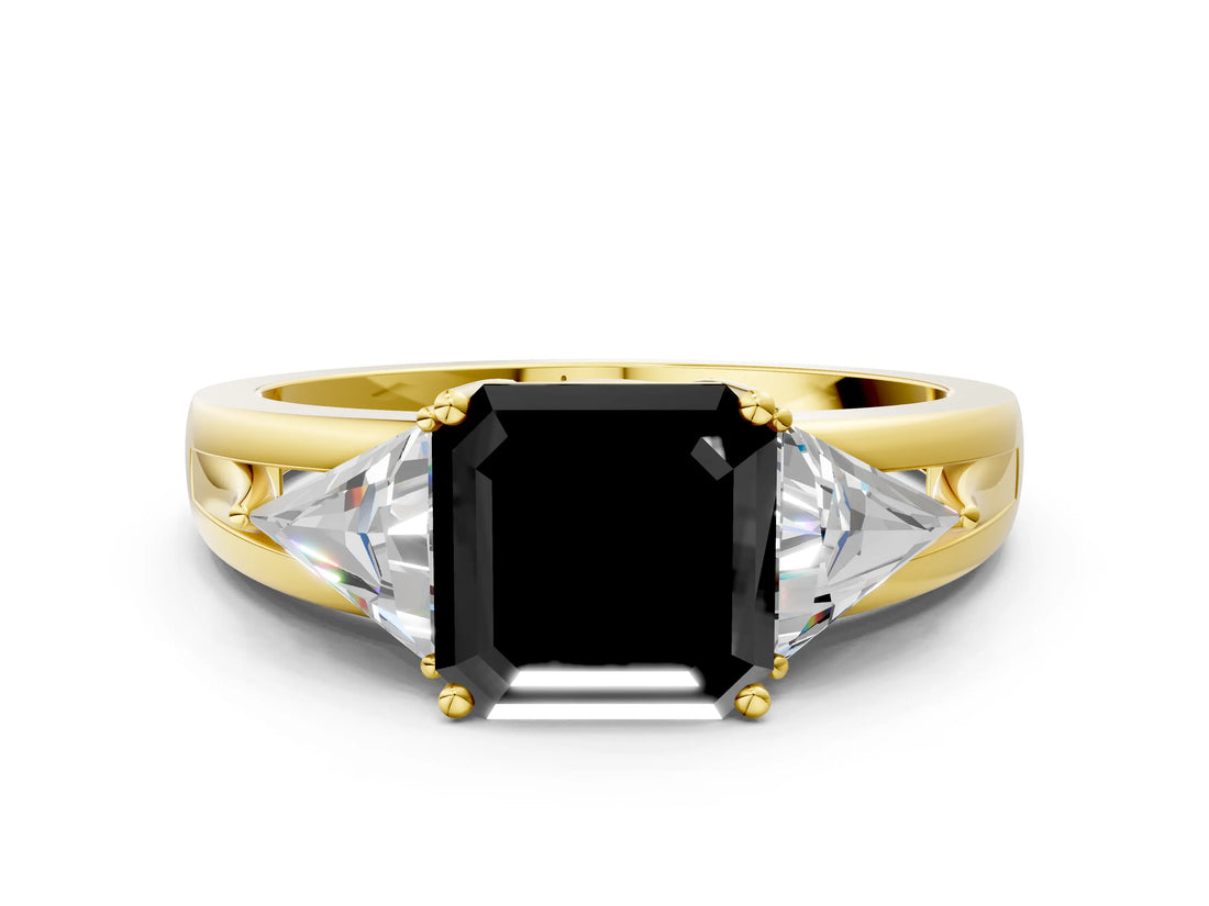 Yellow gold Three-Stone Fancy Black Asscher Cut Cut Diamond Ring with Trillion Side Stones on a Split Shank Band_6