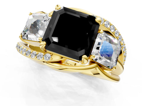 Yellow gold Three-Stone Fancy Black Asscher Cut Cut Diamond Split Shank Prong Set Ring_13