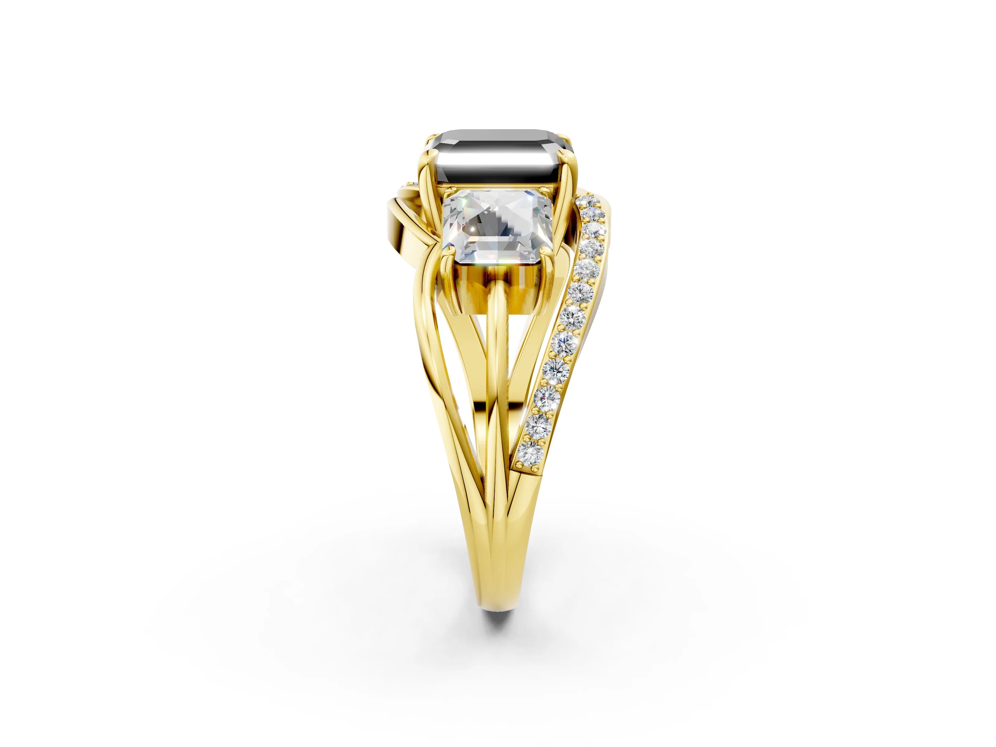 Yellow gold Three-Stone Fancy Black Asscher Cut Cut Diamond Split Shank Prong Set Ring_14