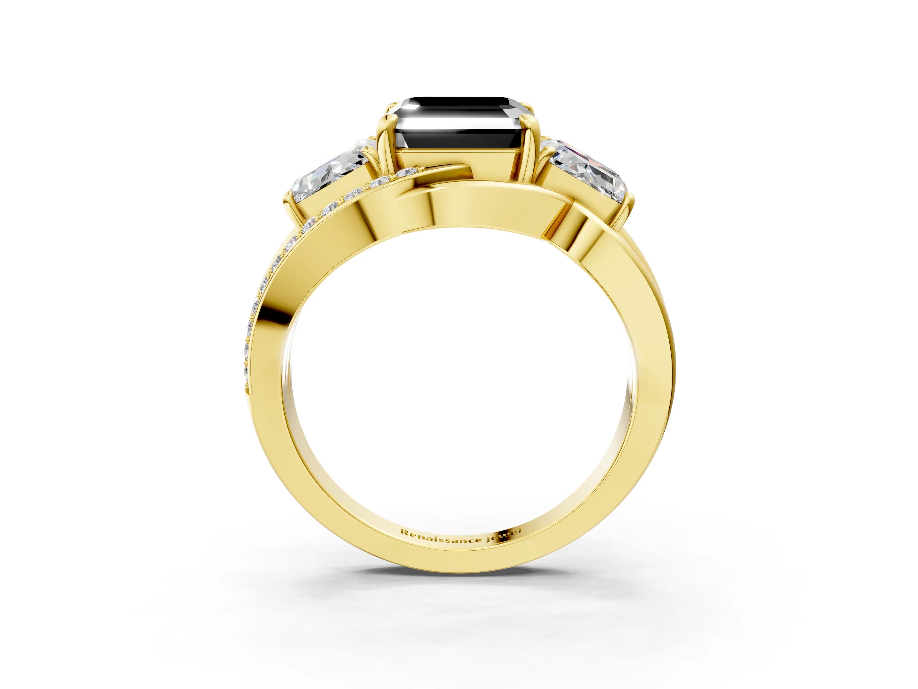 Yellow gold Three-Stone Fancy Black Asscher Cut Cut Diamond Split Shank Prong Set Ring_15