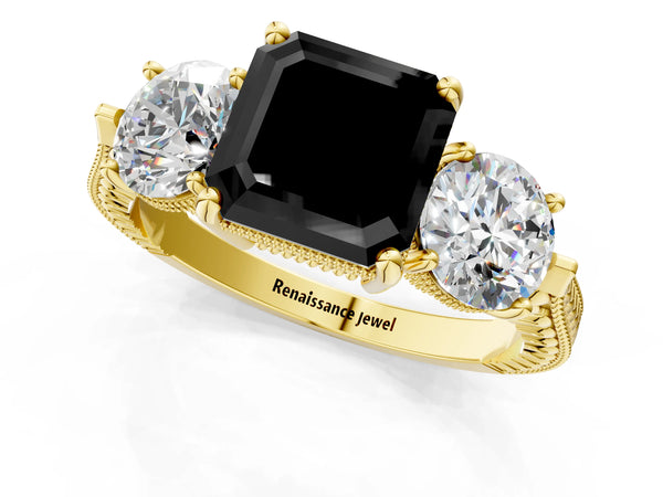 Yellow Gold Asscher Cut Vintage Three Stone Engagement Ring Setting for Black Center