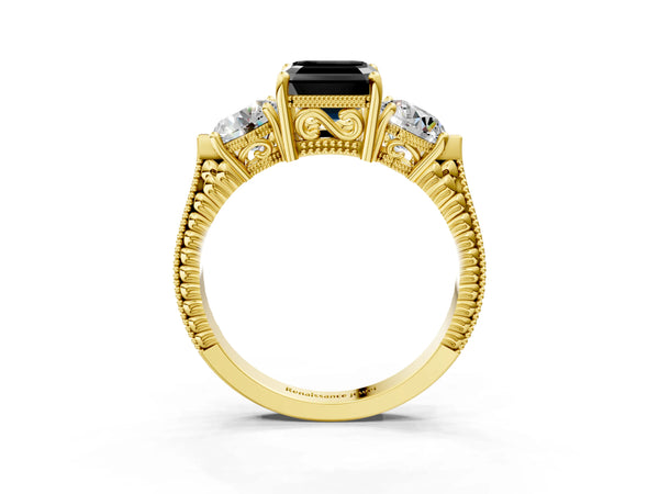 Yellow Gold Asscher Cut Vintage Three Stone Engagement Ring Setting for Black Center