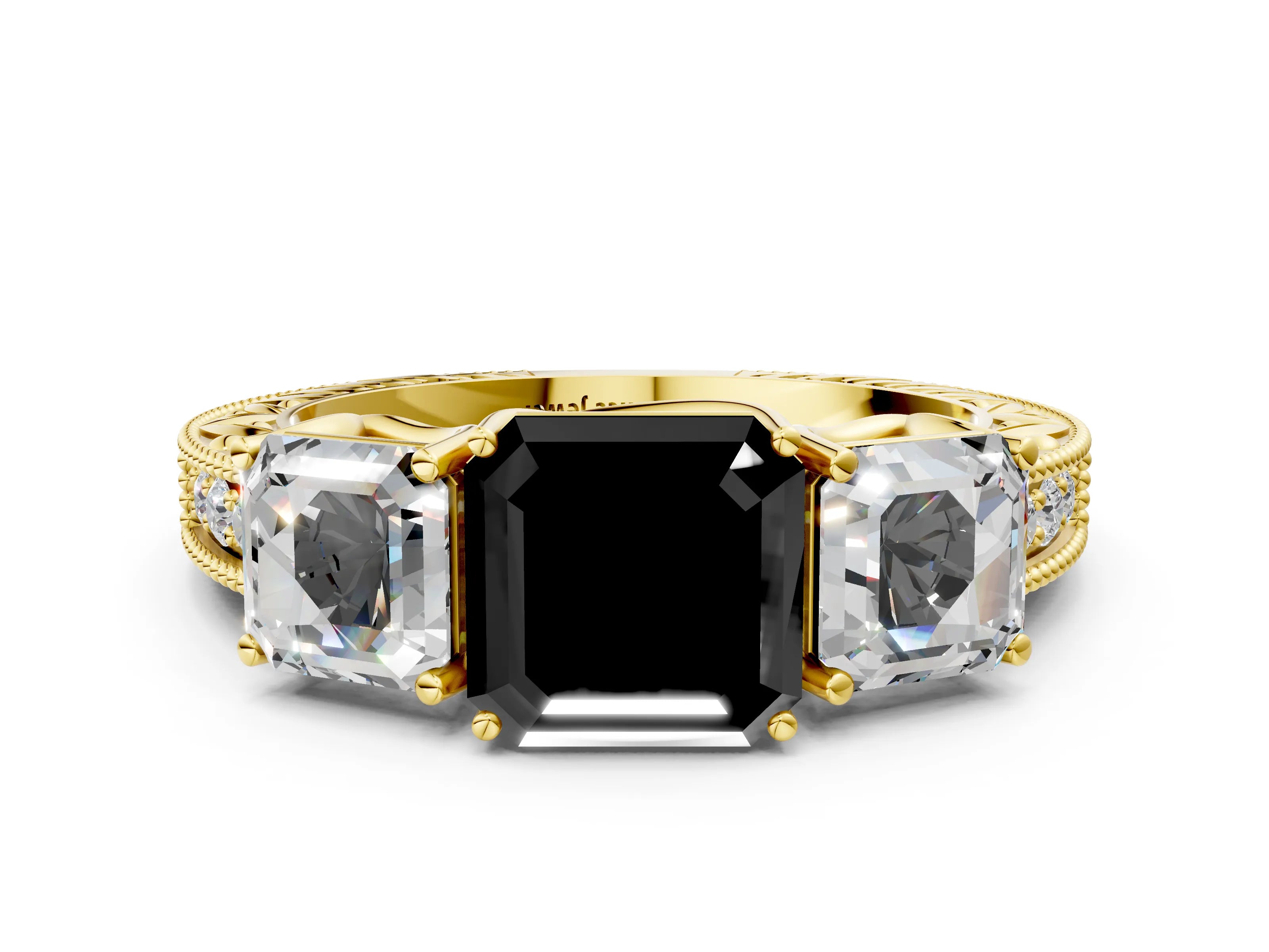 Yellow gold Three-Stone Fancy Black Asscher Cut Cut Milgrain Pavé Engagement Ring