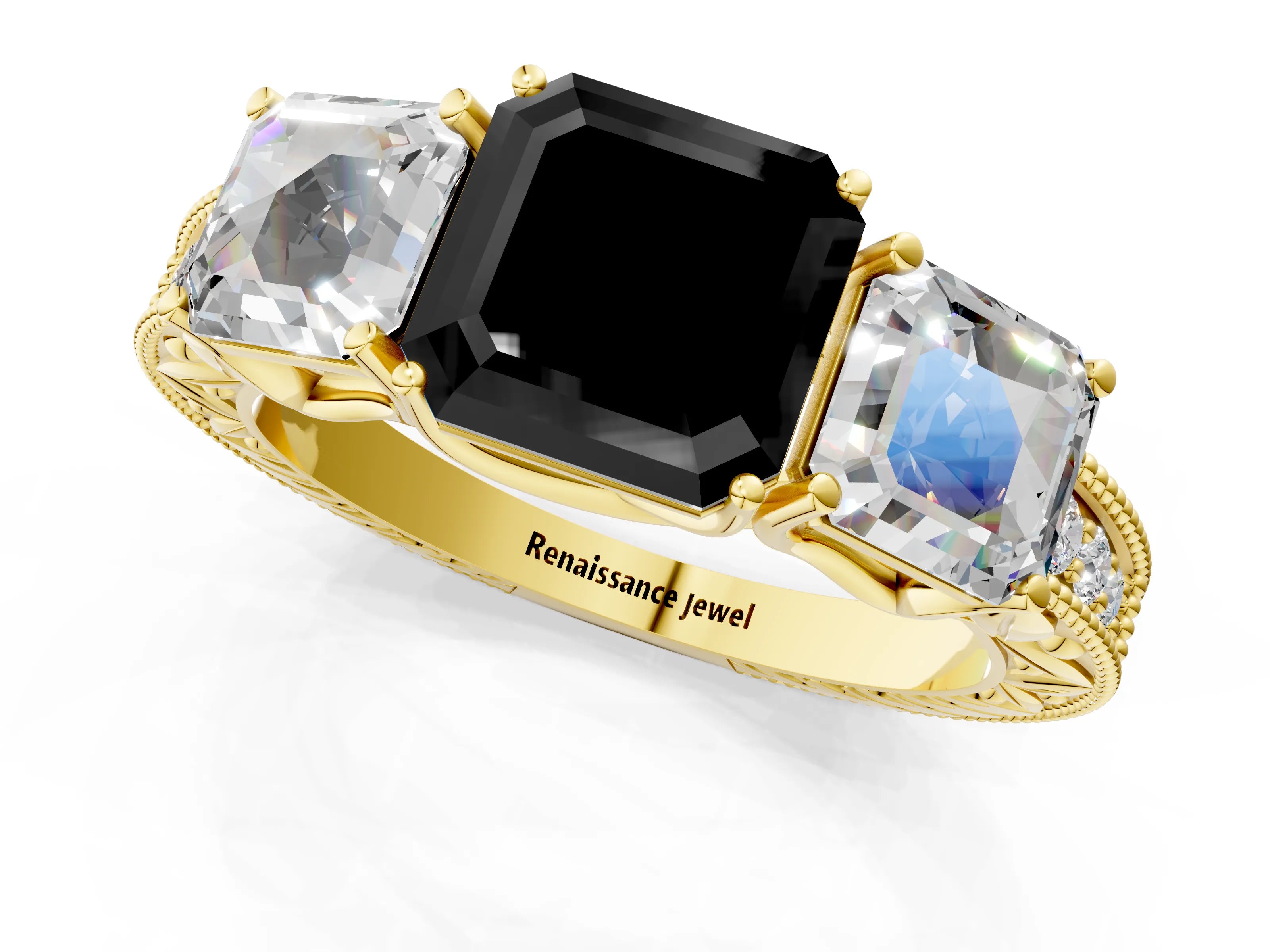 Yellow gold Three-Stone Fancy Black Asscher Cut Cut Milgrain Pavé Engagement Ring_1