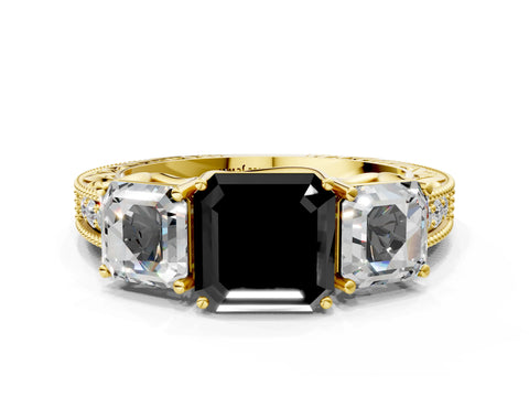 Yellow gold Three-Stone Fancy Black Asscher Cut Cut Milgrain Pavé Engagement Ring_12