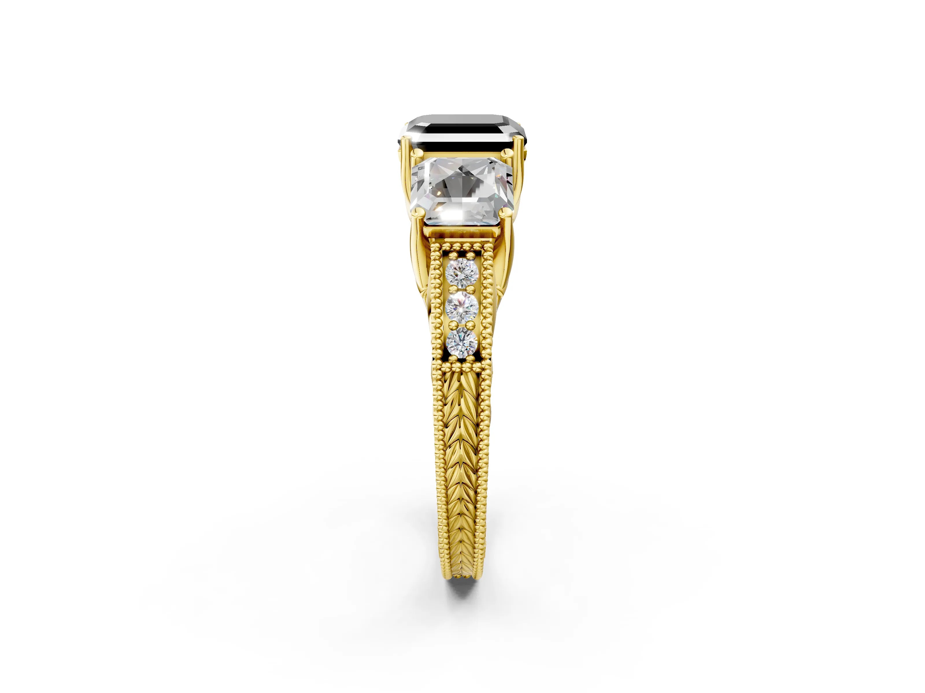 Yellow gold Three-Stone Fancy Black Asscher Cut Cut Milgrain Pavé Engagement Ring_14