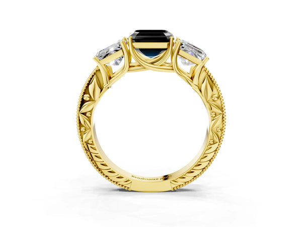 Yellow Gold Asscher Cut Engraved Three Stone Engagement Ring Setting for Black Center
