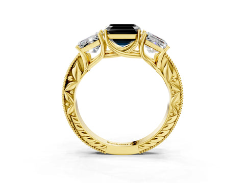 Yellow gold Three-Stone Fancy Black Asscher Cut Cut Milgrain Pavé Engagement Ring_15