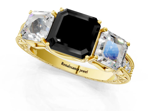 Yellow gold Three-Stone Fancy Black Asscher Cut Cut Milgrain Pavé Engagement Ring_1