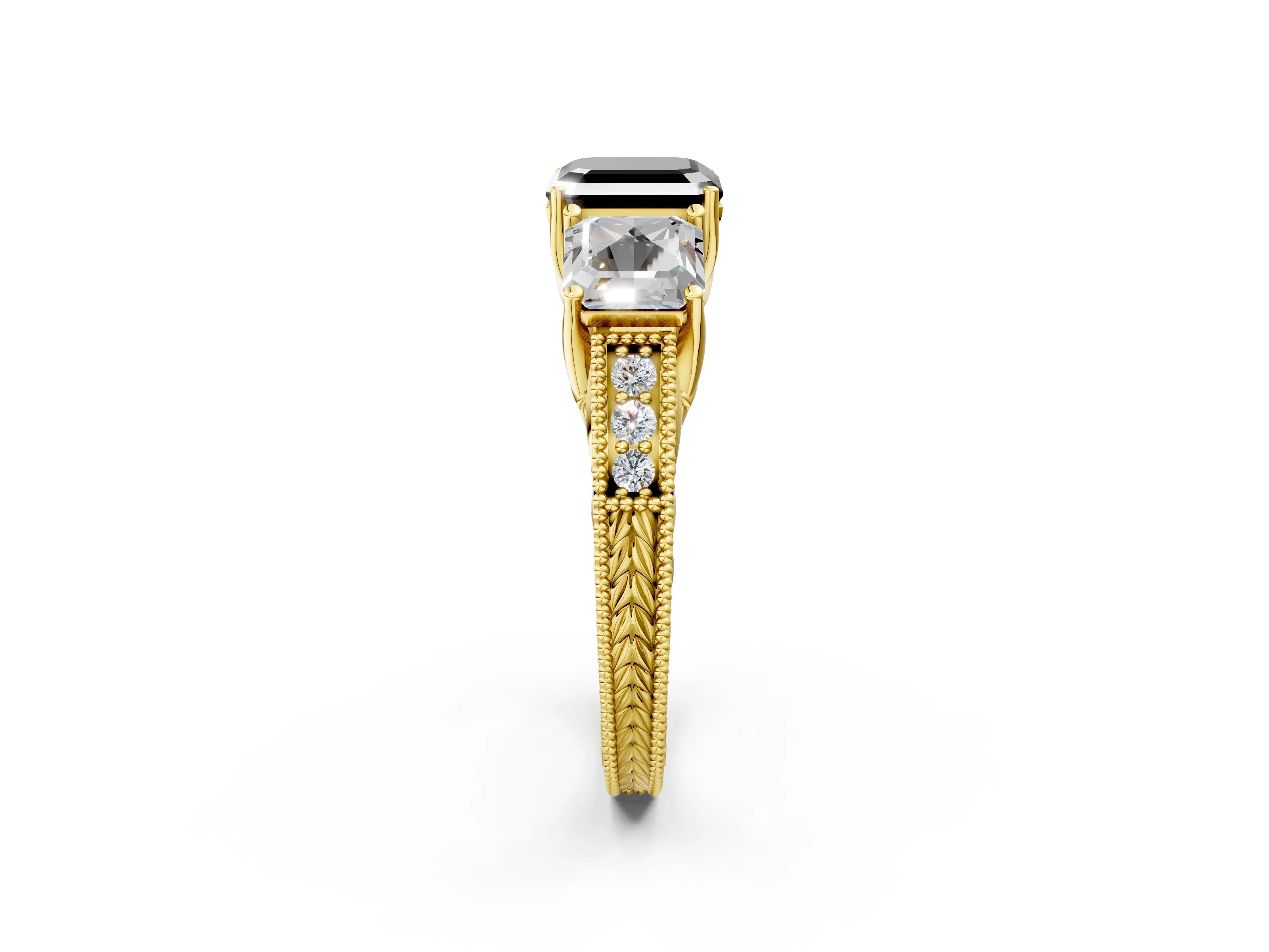Yellow gold Three-Stone Fancy Black Asscher Cut Cut Milgrain Pavé Engagement Ring_2