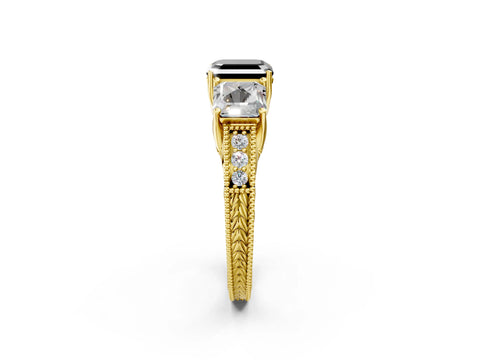 Yellow gold Three-Stone Fancy Black Asscher Cut Cut Milgrain Pavé Engagement Ring_2