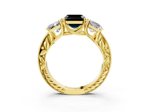 Yellow gold Three-Stone Fancy Black Asscher Cut Cut Milgrain Pavé Engagement Ring_3