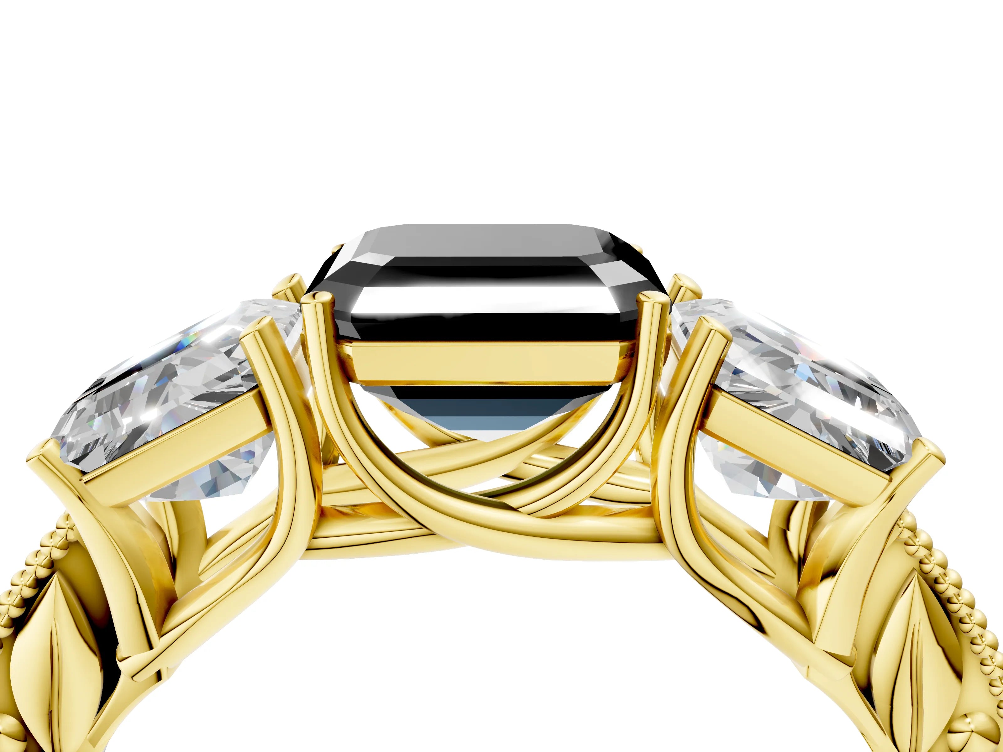 Yellow gold Three-Stone Fancy Black Asscher Cut Cut Milgrain Pavé Engagement Ring_4