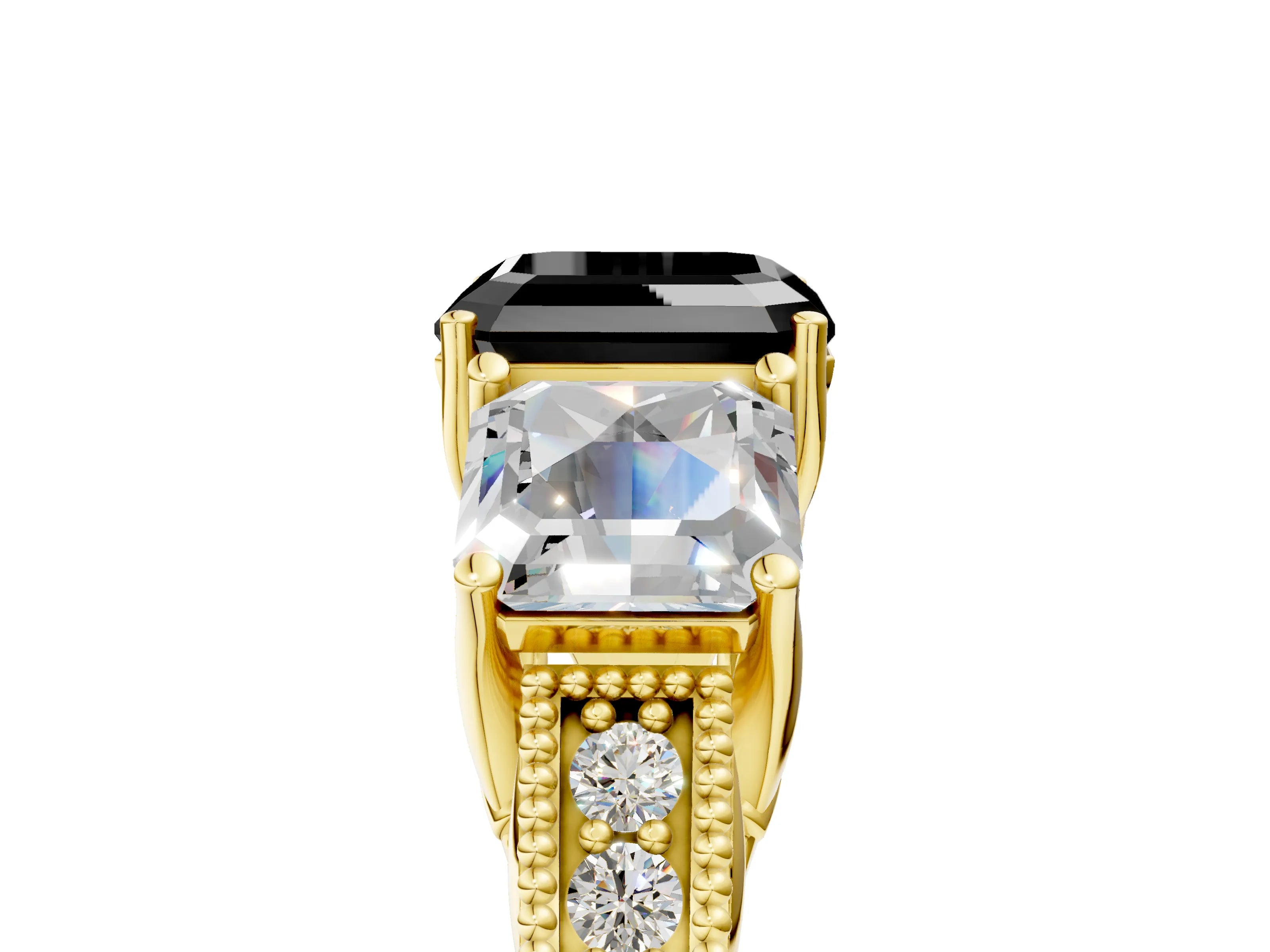 Yellow gold Three-Stone Fancy Black Asscher Cut Cut Milgrain Pavé Engagement Ring_5