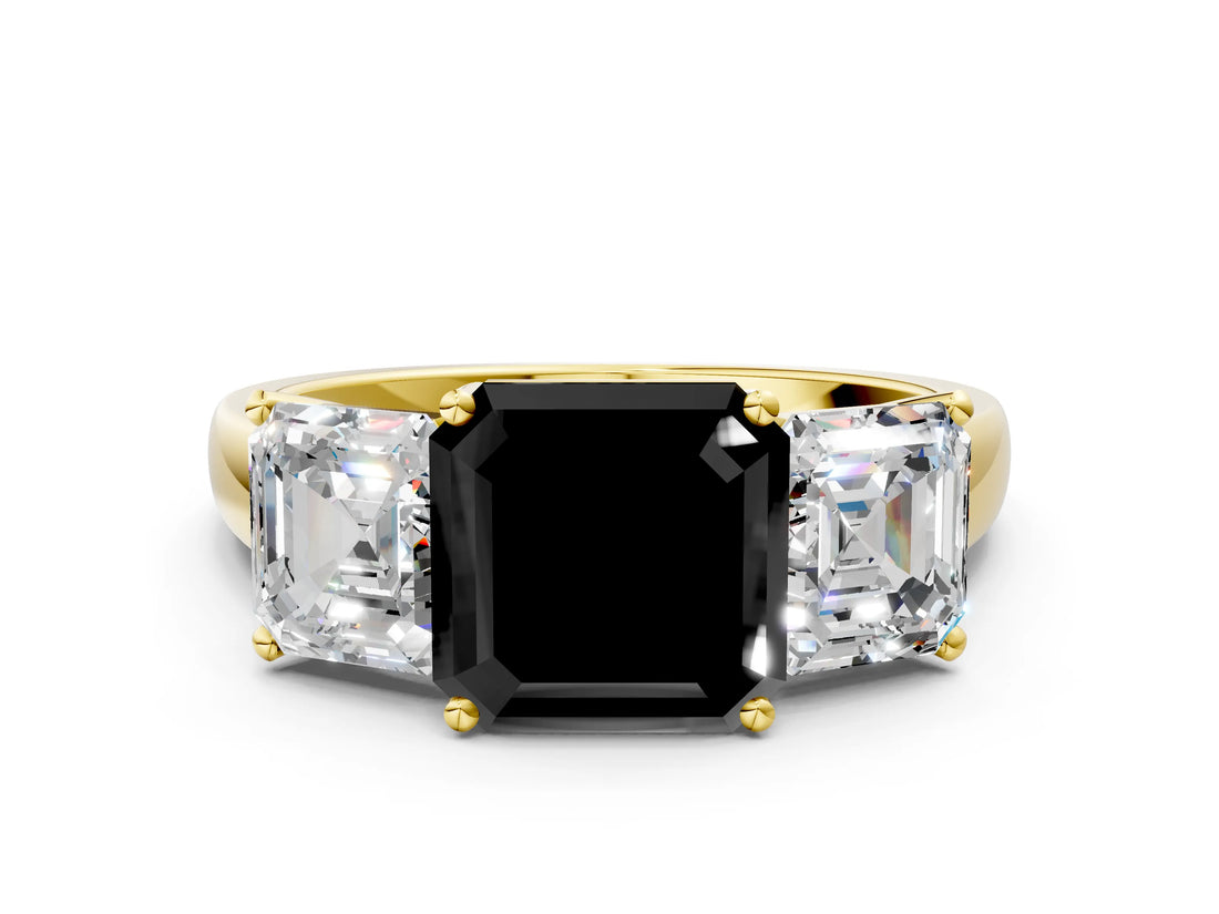 Yellow gold Three-Stone Fancy Black Asscher Cut Cut Solitaire Ring with Classic Prong Setting