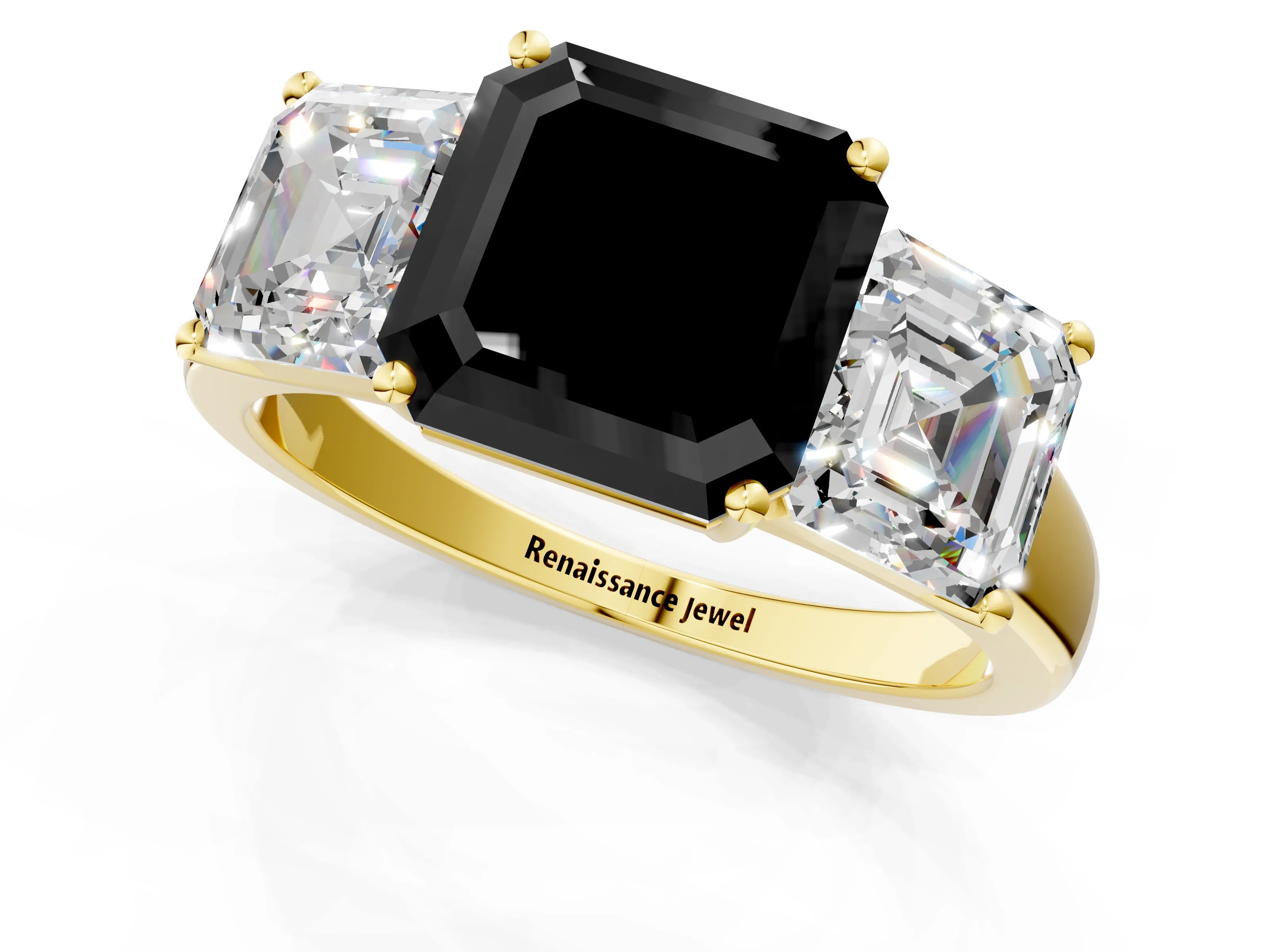 Yellow gold Three-Stone Fancy Black Asscher Cut Cut Solitaire Ring with Classic Prong Setting_1
