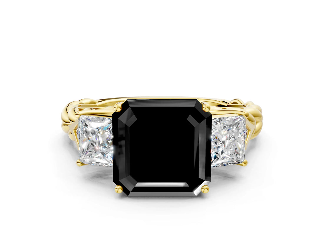 Yellow gold Three-Stone Fancy Black Asscher Cut Diamond Braided Band Ring with Four-Prong Setting_12